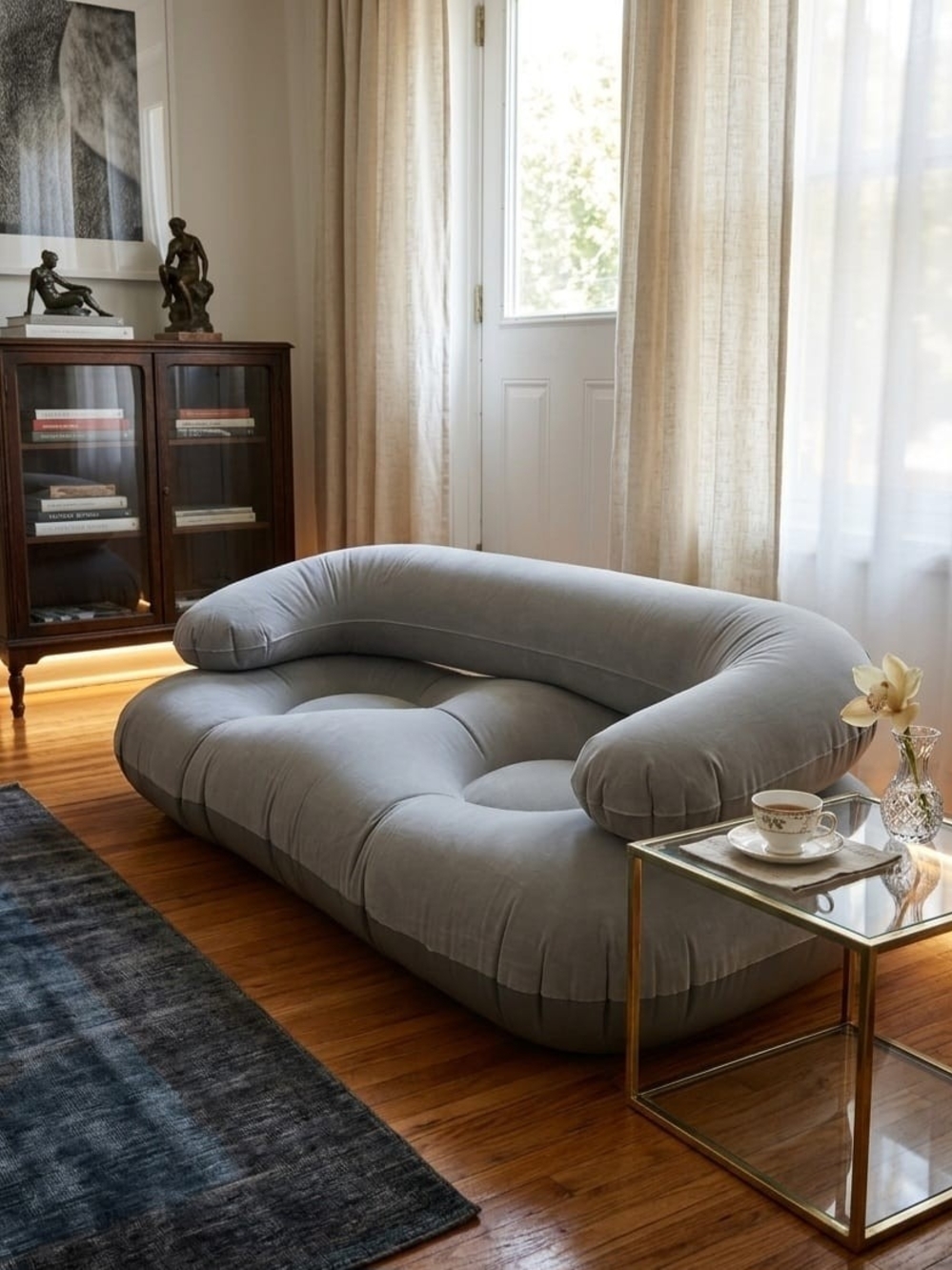 Gray Plush Curved Lounge Sofa by